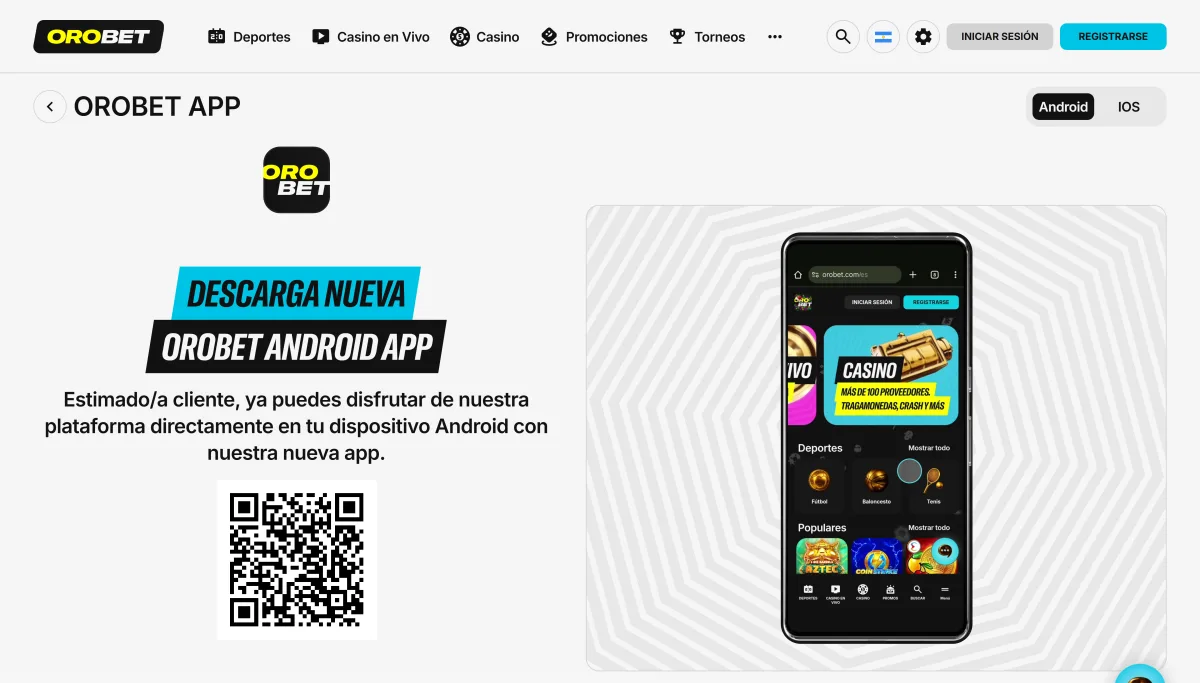 Página de descarga de la app de Orobet para Android