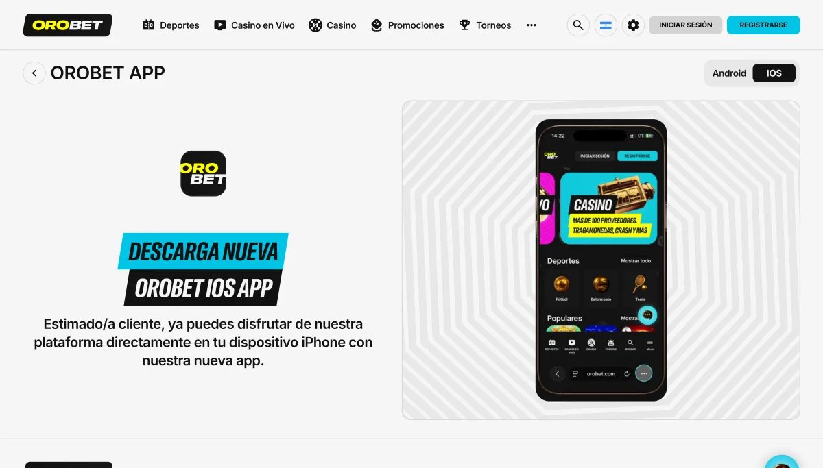 Página de descarga de la app de Orobet para iPhone y iPad