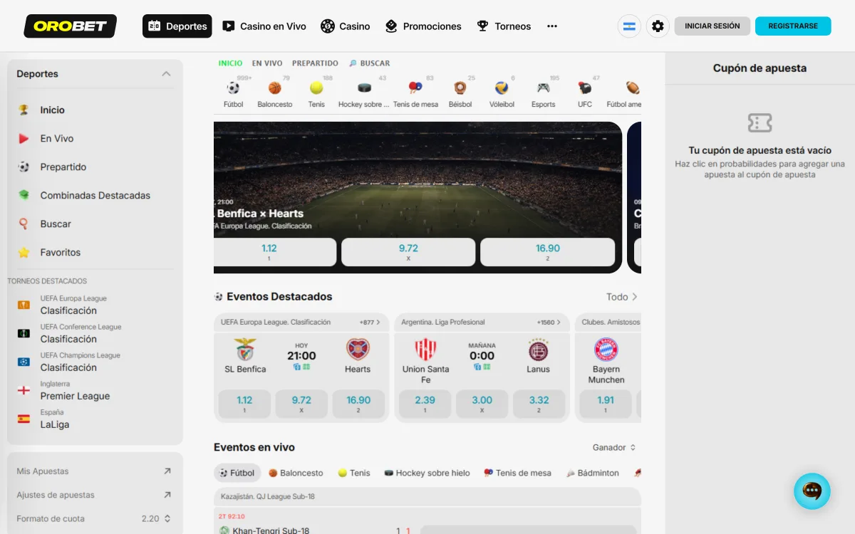 Sección de apuestas deportivas de Orobet con los deportes y los eventos destacados