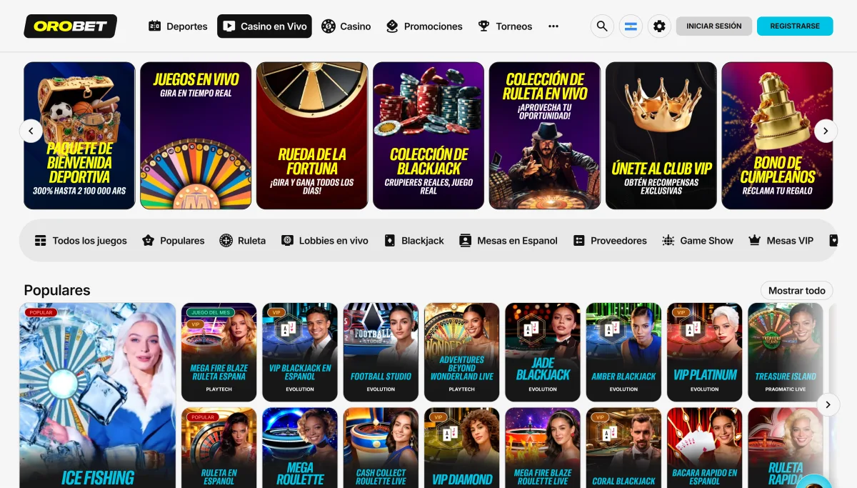Lobby del casino en vivo de Orobet con ruleta, blackjack y game shows