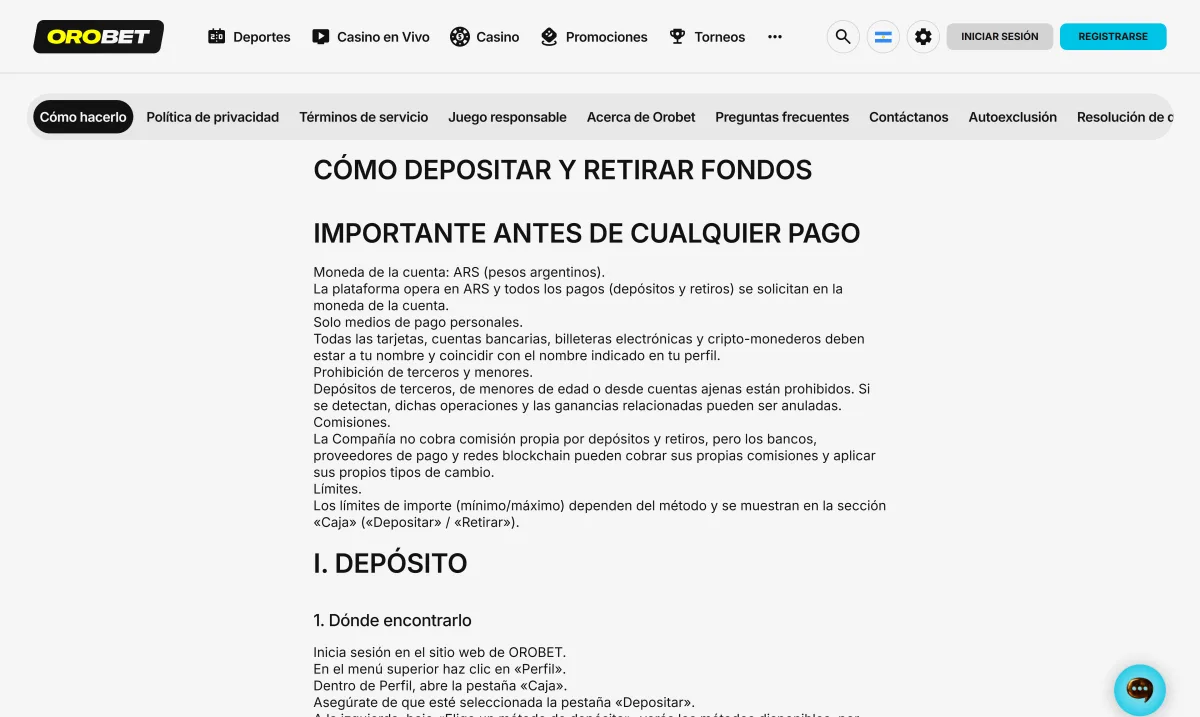 Instrucciones oficiales de Orobet para depositar y retirar fondos