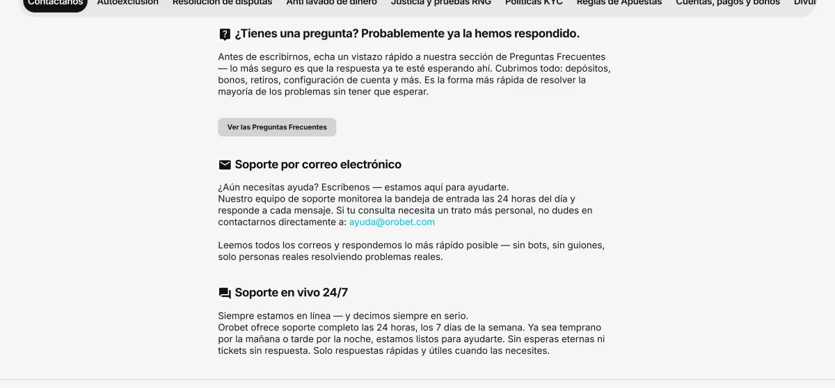 Página de contacto de Orobet con el correo de soporte y el chat 24/7