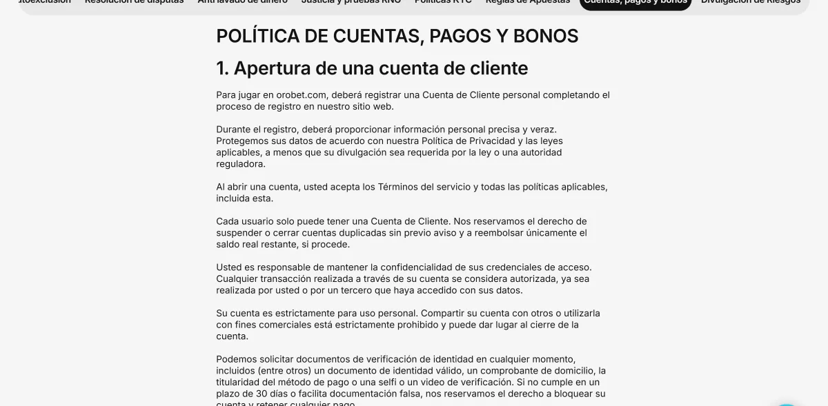 Política de cuentas, pagos y bonos de Orobet