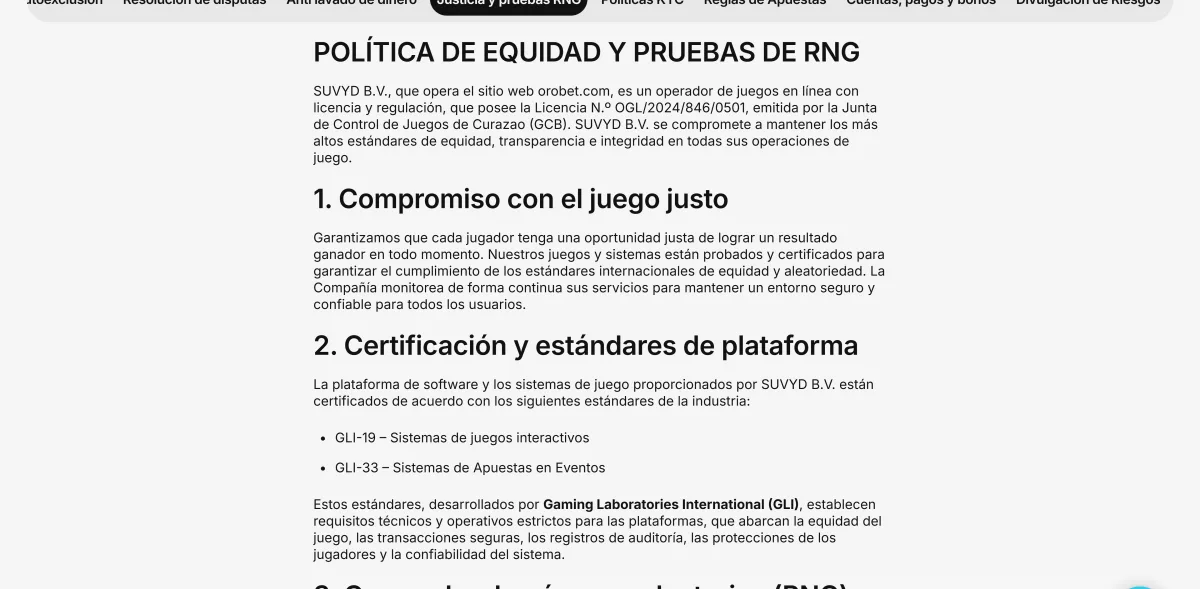 Política de equidad y pruebas de RNG de Orobet