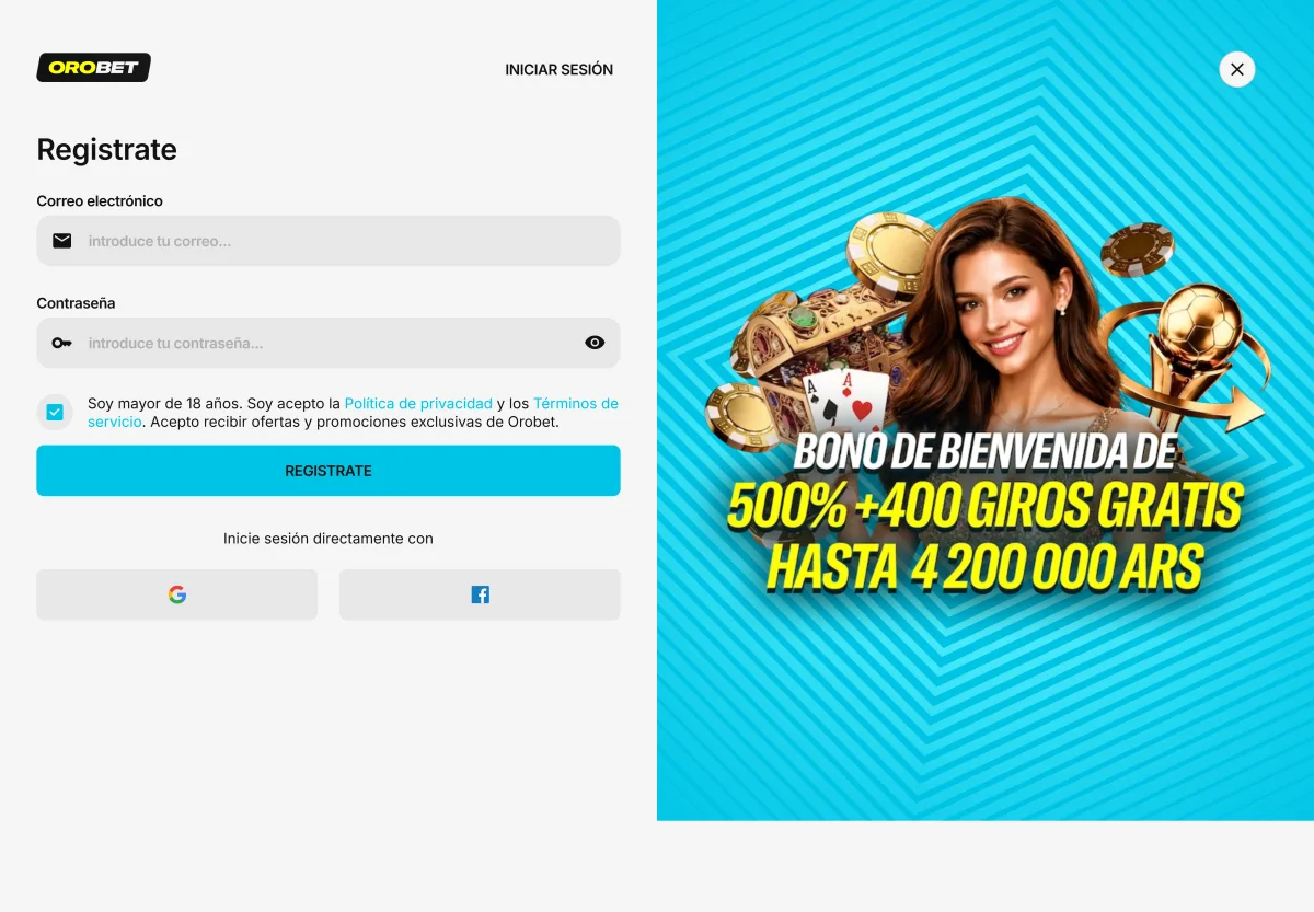 Formulario de registro de Orobet con correo electrónico y contraseña