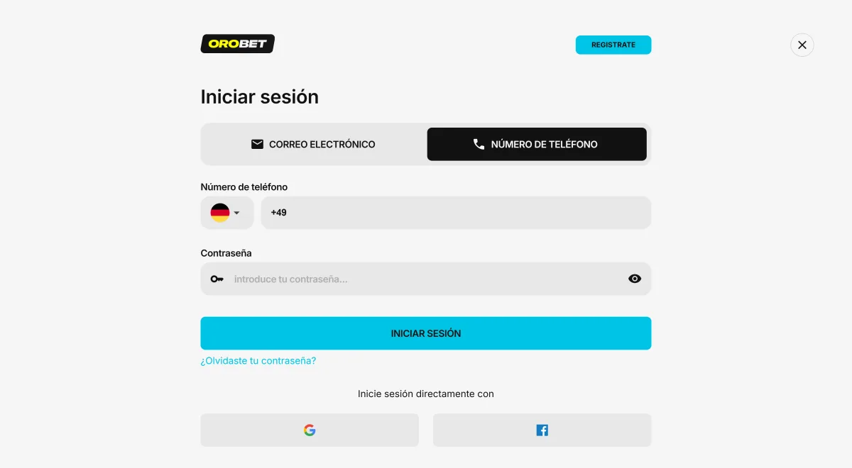 Inicio de sesión en Orobet con número de teléfono