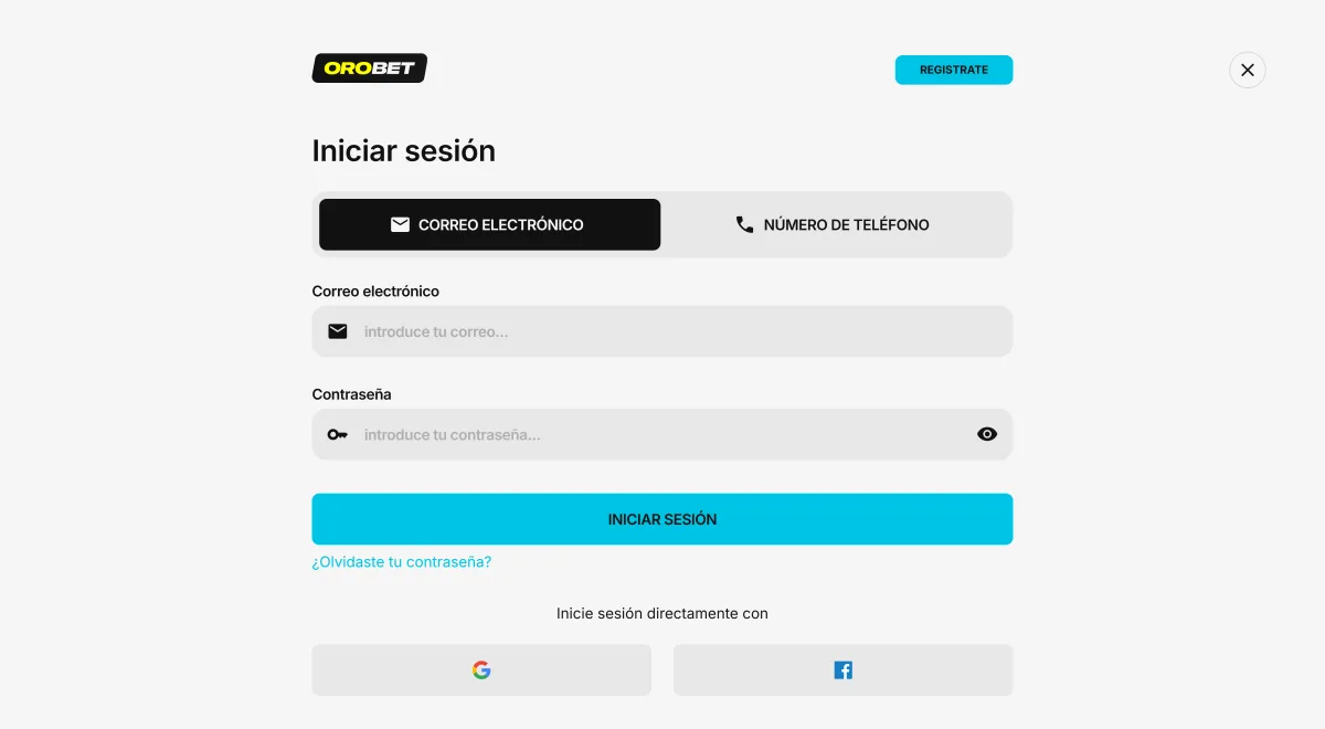Formulario de inicio de sesión de Orobet con correo electrónico o número de teléfono
