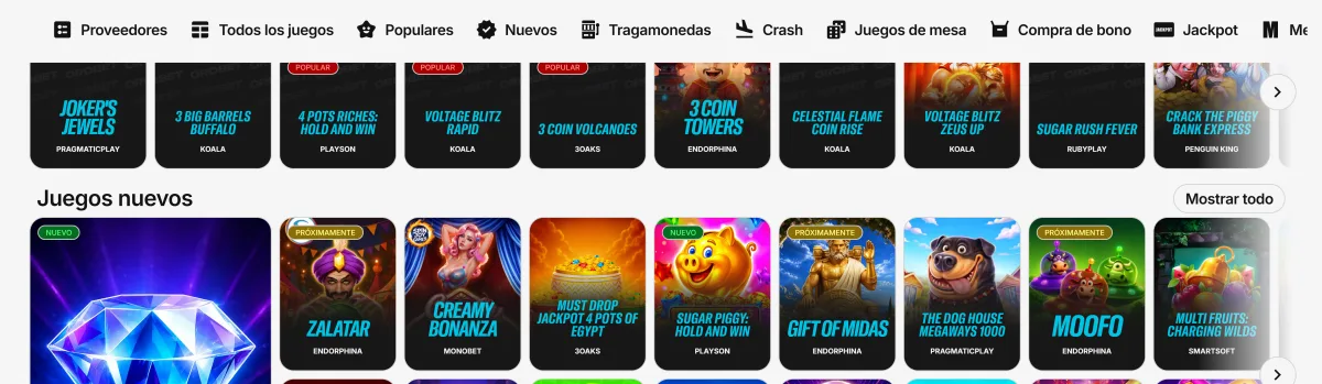 Secciones Populares y Juegos nuevos del casino de Orobet
