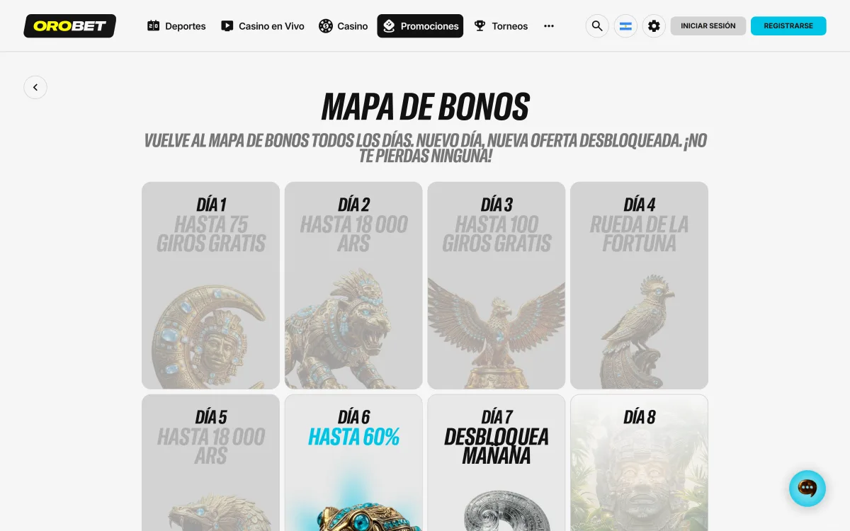 Mapa de bonos de Orobet con una oferta distinta desbloqueada cada día
