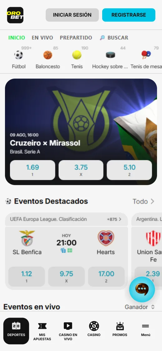 Apuestas deportivas de Orobet en el celular con el listado de deportes