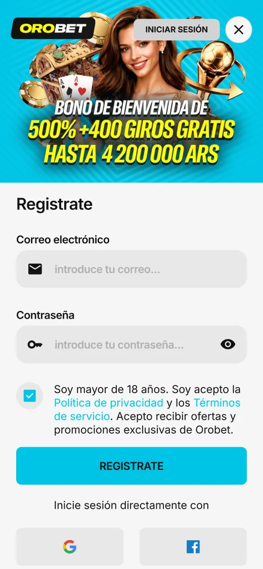 Formulario de registro de Orobet en el celular