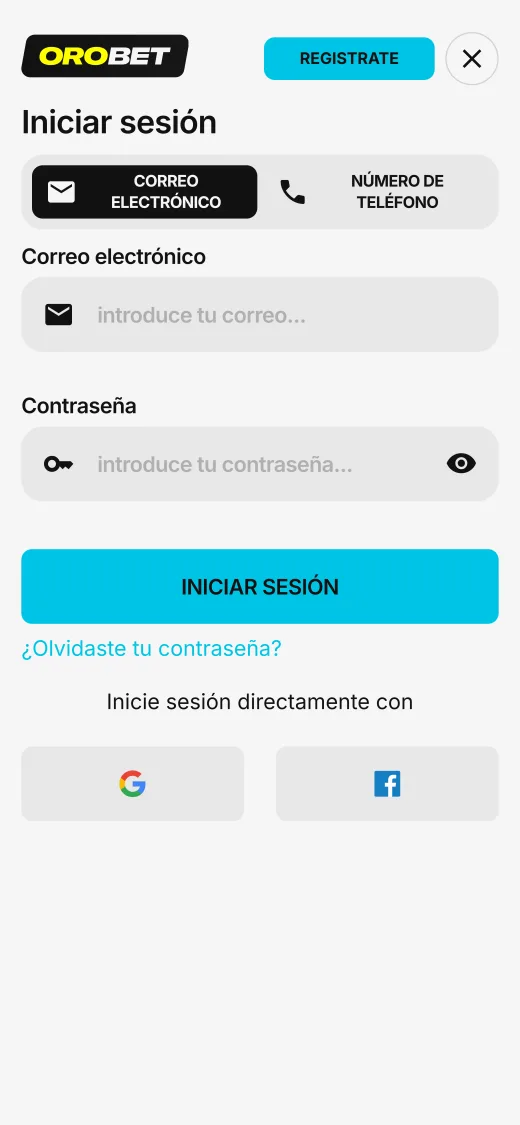 Pantalla de inicio de sesión de Orobet en el celular