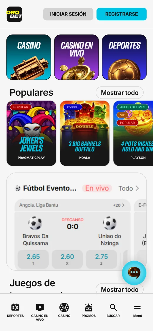 Pantalla de inicio de Orobet en un celular