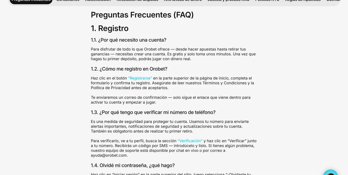 Preguntas frecuentes de Orobet sobre registro, depósitos y bonos
