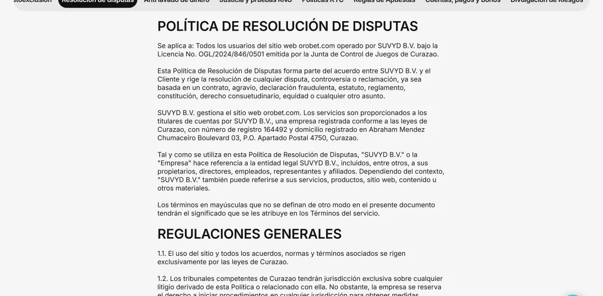 Política de resolución de disputas de Orobet