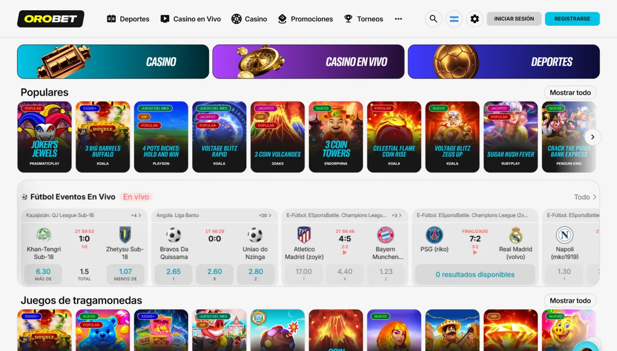 Página principal de Orobet Argentina con las secciones Casino, Casino en Vivo y Deportes