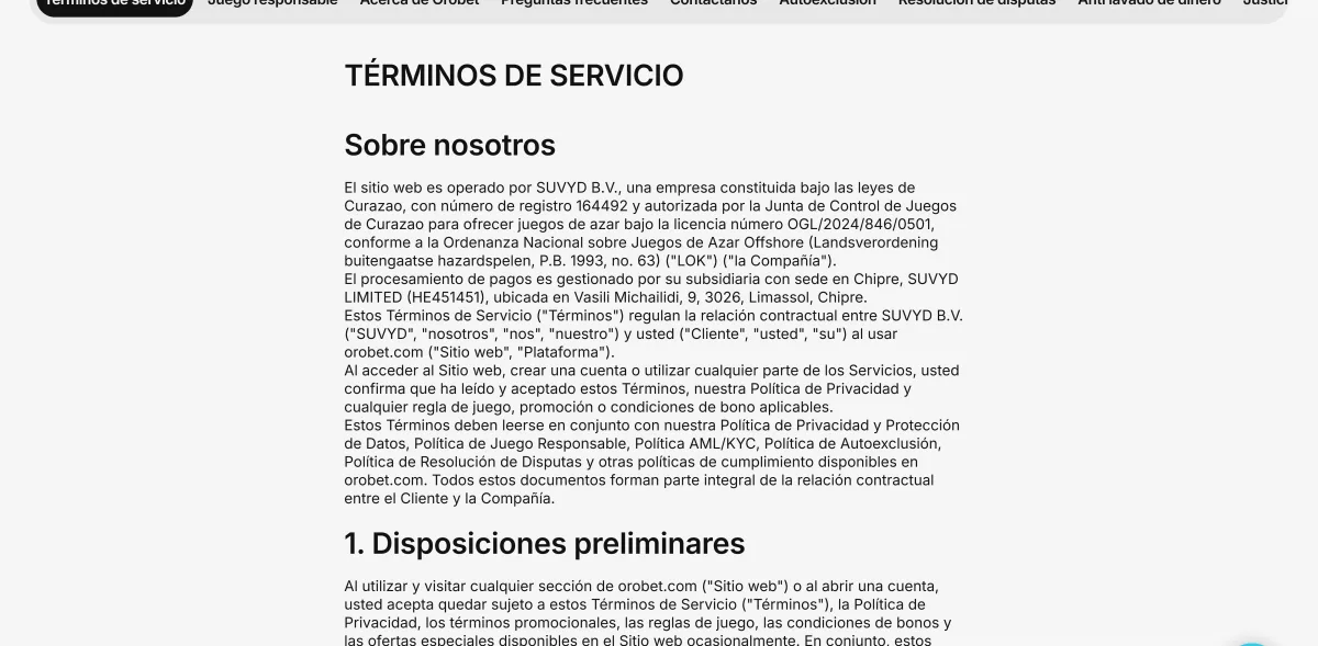 Términos de servicio de Orobet